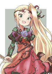 Rule 34 | 1girl, blonde hair, blush, dress, female focus, flower, gazacy (dai), green eyes, hair flower, hair ornament, happy, highres, kid icarus, kid icarus uprising, long hair, long sleeves, looking at viewer, multicolored clothes, multicolored dress, viridi, neck, nintendo, open mouth, rose, side ponytail, simple background, smile, solo, very long hair, wings