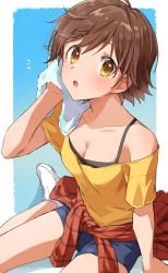 Rule 34 | 1girl, bad id, bad twitter id, bare shoulders, blush, breasts, brown eyes, brown hair, cleavage, clothes around waist, highres, honda mio, idolmaster, idolmaster cinderella girls, looking at viewer, medium breasts, open mouth, shirt, shirt around waist, shoes, short hair, sitting, solo, towel, wiping face, zattape