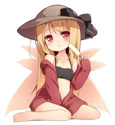 Rule 34 | 1girl, baku-p, bare legs, barefoot, bikini, bikini top only, black bikini, black bow, blonde hair, bow, brown hat, commentary request, fairy wings, food, full body, hat, hat bow, holding, holding food, lily black, lily white, long hair, long sleeves, looking at viewer, navel, popsicle, red eyes, simple background, sitting, solo, swimsuit, touhou, white background, wings