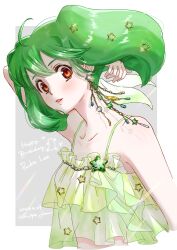 Rule 34 | 1girl, absurdres, blush, border, breasts, brown eyes, camisole, character name, collarbone, dated, earrings, floating hair, frilled camisole, frills, green camisole, green hair, green ribbon, grey background, hair ornament, hand in own hair, happy birthday, highres, ichigo jam, jewelry, long neck, looking at viewer, macross, macross frontier, open mouth, outside border, ranka lee, ribbon, short hair, small breasts, solo, star (symbol), star earrings, star hair ornament, white border