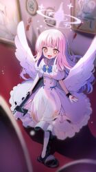 Rule 34 | 1girl, absurdres, angel wings, black footwear, blue archive, blunt bangs, bracelet, brown eyes, capelet, commentary request, crying, dress, frilled dress, frills, gun, halo, highres, jewelry, long hair, low wings, mika (blue archive), open mouth, pink hair, smile, solo, suwasui, weapon, white capelet, white dress, wings