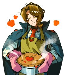 Rule 34 | 1girl, apple, apple pie, apron, black coat, black vest, brown hair, closed mouth, coat, coat on shoulders, collared shirt, food, fruit, hermann (project moon), highres, limbus company, mammyfuckyou, mature female, necktie, oven mitts, pie, project moon, red necktie, shirt, short hair, smile, solo, steam, upper body, vest, white shirt, yellow apron, yellow eyes