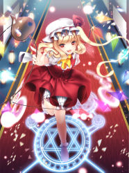 Rule 34 | 1girl, :3, :d, ascot, bad id, bad pixiv id, blonde hair, bloomers, blush, fang, female focus, flandre scarlet, hat, laevatein, looking at viewer, magic circle, open mouth, radge, red eyes, short hair, side ponytail, skirt, skirt set, smile, solo, touhou, underwear, wings