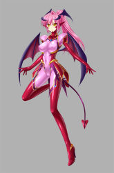 Rule 34 | 1girl, bodysuit, boots, breasts, cameltoe, covered erect nipples, covered navel, demon horns, demon tail, demon wings, high heels, highleg, horns, large breasts, long hair, md5 mismatch, original, pink hair, pointy ears, ponytail, shiny clothes, slit pupils, solo, tail, utamaru (utamaru143), wings, yellow eyes