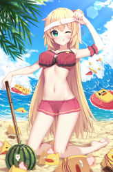 Rule 34 | 1girl, absurdres, akai haato, akai haato (hololive summer 2019), arm garter, artist name, bare arms, bare shoulders, barefoot, beach, bikini, bikini skirt, blonde hair, blue sky, blush, breasts, cloud, collarbone, commentary request, day, female focus, food, fruit, full body, green eyes, hair ornament, hairband, heart, heart hair ornament, highres, holding, hololive, huge filesize, innertube, kneeling, large breasts, long hair, looking at viewer, nail polish, navel, neps-l, ocean, one eye closed, outdoors, red bikini, red nails, ribbon, sky, smile, solo, suikawari, surfboard, surfing, swim ring, swimsuit, tongue, tongue out, virtual youtuber, water, watermelon, waves, white hairband