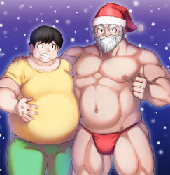 Rule 34 | 2boys, beard, black hair, commentary request, cookie (touhou), cowboy shot, dual persona, facial hair, fat, fat man, green pants, grey hair, grin, hand on another&#039;s shoulder, hat, highres, looking at another, looking at viewer, looking to the side, male focus, male underwear, multiple boys, muscular, muscular male, mustache, navel, nipples, old, old man, pants, red briefs, red male underwear, santa hat, shirt, short hair, smile, snowing, suzuki (cookie), tarmo, thumbs up, topless male, underwear, yellow shirt