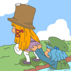Rule 34 | 2girls, ass, ass grab, backpack, bag, beach, blue hair, blue sky, cabbie hat, cloud, coat, day, grabbing another&#039;s ass, grass, groping, hair ribbon, hair spread out, hands on ass, hat, kawashiro nitori, leaning forward, long hair, long sleeves, moriya suwako, multiple girls, onikobe rin, outdoors, partially submerged, pond, purple footwear, purple skirt, pyonta, ribbon, shoes, sketch, skirt, sky, thighhighs, touhou, twintails, two side up, wide sleeves, zettai ryouiki
