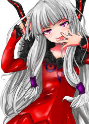 Rule 34 | 1girl, agria (tales), dress, evil smile, female focus, freckles, highres, long hair, mahcdai, purple eyes, sidelocks, simple background, smile, solo, tales of (series), tales of xillia, tongue, tongue out, white background, white hair