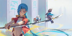 Rule 34 | 1girl, absurdres, bird, black choker, blue hair, braid, camille (league of legends), choker, closed mouth, commentary, crop top, dated commentary, floating hair, highres, hlyzz, holding, holding sword, holding weapon, jacket, jinx (league of legends), katana, league of legends, lee sin, long hair, looking at animal, open clothes, open jacket, red eyes, red jacket, shirt, short sleeves, smile, stomach, sword, thresh (league of legends), twintails, upper body, very long hair, weapon, white shirt, yasuo (league of legends)