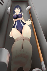 Rule 34 | absurdres, bad id, bad pixiv id, barefoot, bdsm, blue eyes, blue hair, bondage, bound, bound arms, breasts, closet, competition swimsuit, feet, foot focus, from below, gag, gagged, highres, improvised gag, in locker, kaminashi nozomi, keijo!!!!!!!!, locker, mashiro yozakura, medium breasts, one-piece swimsuit, soles, solo, swimsuit, tape, tape gag, toes