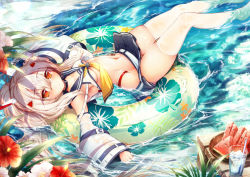 Rule 34 | 1girl, ayanami (azur lane), azur lane, belt, breasts, cluseller, cup, day, detached sleeves, drinking straw, floral print, flower, food, fruit, innertube, long hair, looking at viewer, navel, outdoors, red eyes, see-through, small breasts, solo, swim ring, thighhighs, thighs, watermelon, white thighhighs