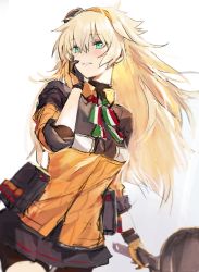 Rule 34 | 1girl, bike shorts, blonde hair, blue eyes, breasts, commentary, cowboy shot, frying pan, girls&#039; frontline, gloves, hair between eyes, hairband, hand on own cheek, hand on own face, holding, holding frying pan, italian flag neckwear, jacket, light smile, long hair, messy hair, nin (lion), pleated skirt, s.a.t.8 (girls&#039; frontline), shorts, shorts under skirt, skirt, small breasts, solo, white background, yellow hairband