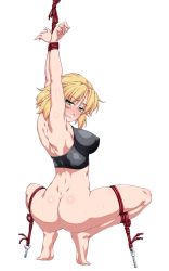 Rule 34 | 1girl, ass, barefoot, blonde hair, blush, bottomless, breasts, clenched teeth, from behind, full body, green eyes, highres, large breasts, looking at viewer, mizuhashi parsee, nose blush, ootsuki wataru, pointy ears, restrained, rope, short hair, simple background, solo, squatting, sweat, teeth, touhou, white background