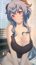 Rule 34 | 1girl, absurdres, ahoge, black camisole, blue hair, breasts, camisole, chinese commentary, cleavage, closed mouth, ganyu (genshin impact), genshin impact, goat horns, highres, hnbsgy, horns, large breasts, looking at viewer, panties, purple eyes, solo, underwear, window blinds