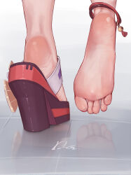 Rule 34 | 1girl, anklet, artist name, barefoot, feet, feet only, female focus, foot focus, from behind, genshin impact, geta, heel up, high heel sandals, high heels, highres, japanese clothes, jewelry, juwdi, legs, lower body, mihoyo, nail polish, no socks, nontraditional miko, pink toenails, platform footwear, reflection, reflective floor, sandals, signature, simple background, soles, toenail polish, toenails, toes, unworn sandals, white background, yae miko