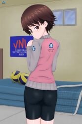 Rule 34 | 1girl, absurdres, acrux, artist logo, ass, ball, bike shorts, black shorts, brown eyes, brown hair, commentary, cowboy shot, dated, emblem, english commentary, from behind, girls und panzer, gym storeroom, half-closed eyes, highres, indoors, isobe noriko, jacket, long sleeves, looking at viewer, looking back, mat, ooarai (emblem), pantylines, purple jacket, raglan sleeves, short hair, short shorts, shorts, smile, solo, standing, track jacket, volleyball (object), volleyball net, window