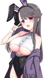 Rule 34 | 1girl, absurdres, animal ears, azur lane, bare shoulders, black hairband, black leotard, black ribbon, blush, breasts, clothing cutout, colored inner hair, cowboy shot, fake animal ears, groin, hair ornament, hair ribbon, hairband, hairclip, hand up, heart, highleg, highleg leotard, highres, jacket, jacket partially removed, large breasts, leotard, long hair, looking at viewer, multicolored hair, off shoulder, oha (oha h22), open clothes, open jacket, open mouth, pamiat merkuria (azur lane), playboy bunny, purple eyes, purple hair, purple jacket, rabbit ears, ribbon, simple background, solo, swept bangs, underboob, underboob cutout, upper body, v, white background, wrist cuffs, x hair ornament