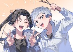 2boys :d arm_up black_hair black_shirt blue_jacket blush casual closed_eyes collarbone collared_jacket contemporary curtained_hair double_v drawstring drop_shadow floating_hair gradient_background grey_eyes grey_hair hands_up happy heads_together highres holding holding_stick hood hoodie houjou_tokiyuki_(nige_jouzu_no_wakagimi) jacket light_particles long_hair long_sleeves looking_at_viewer lower_teeth_only male_focus motoyui multiple_boys nezu_kojirou nige_jouzu_no_wakagimi official_alternate_costume open_mouth orange_background parted_bangs ponytail popped_collar saba_miso sanpaku shirt short_hair sidelocks_tied_back smile stick teeth twitter_username v v-shaped_eyebrows very_long_hair very_short_hair white_hoodie