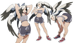 Rule 34 | 1girl, arms behind head, bare shoulders, black feathers, dolphin shorts, eye print, eye symbol, feathered wings, feathers, grey shorts, hands on own legs, head wings, heather (pikat), highres, leaning forward, midriff, multiple views, multiple wings, navel, original, pikat, pointy ears, red footwear, shoelaces, shoes, shorts, simple background, sleeveless, sneakers, sports bra, sportswear, stretching, sweat, white background, white feathers, wings, yellow eyes