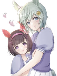 2girls animal_ears black_hair blue_eyes blunt_bangs ear_covers grey_hair hair_between_eyes hairband heart highres horse_ears horse_girl horse_tail hug light_blush looking_at_viewer mino_(mii_mt) multiple_girls nishino_flower_(umamusume) parted_lips pink_hairband pleated_skirt puffy_short_sleeves puffy_sleeves purple_sailor_collar purple_shirt sailor_collar seiun_sky_(umamusume) shirt short_sleeves simple_background single_ear_cover skirt smile tail twitter_username umamusume white_background white_skirt yuri