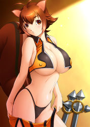 Rule 34 | 1girl, animal ears, antenna hair, arc system works, blazblue, blazblue: continuum shift, blush, breasts, brown eyes, brown hair, cleavage, dragon@harry, highres, huge breasts, makoto nanaya, midriff, navel, panties, parted lips, short hair, solo, squirrel ears, squirrel tail, tail, tonfa, underboob, underwear, undressing, weapon
