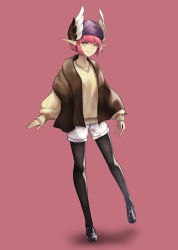 Rule 34 | 1girl, absurdres, black footwear, black pantyhose, breasts, circe (fate), fate/grand order, fate (series), feathered wings, full body, head wings, highres, looking at viewer, pantyhose, peppertomo, pink background, pink hair, pointy ears, shoes, short hair, short shorts, shorts, simple background, small breasts, smile, solo, sweater, white shorts, wings, yellow sweater