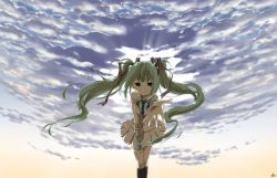 Rule 34 | 1girl, cloud, green eyes, green hair, hatsune miku, kneehighs, long hair, matching hair/eyes, miringx2, necktie, outstretched arm, project diva, project diva (series), skirt, sky, smile, socks, solo, twintails, very long hair, vocaloid