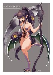 Rule 34 | 1girl, :d, alto gran (hitokuirou), border, breasts, character name, claws, completely nude, dragon wings, extra eyes, extra mouth, extra teeth, extra tongue, fewer digits, grey background, highres, hitokuirou, holding, holding scythe, holding weapon, horror (theme), long hair, looking at viewer, low wings, monster, monster girl, extra pupils, nude, open mouth, original, pasties, pointy ears, ponytail, purple hair, scythe, sharp teeth, small breasts, smile, solo, standing, standing on one leg, talons, teeth, tentacle hair, very long hair, weapon, white border, wings, yellow eyes