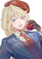 Rule 34 | 1boy, :3, apple, bad id, bad twitter id, beret, blonde hair, blue eyes, blue vest, braid, brown gloves, collared shirt, colored eyelashes, commentary, food, fruit, gloves, hat, highres, holding, holding food, holding fruit, long hair, male focus, necktie, open mouth, pale skin, red hat, red necktie, school uniform, sdz (inazuma), shirt, sidelocks, smile, solo, tie clip, tokyo houkago summoners, tuaring (housamo), vest, white background, white shirt