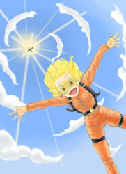 Rule 34 | 1girl, aircraft, airplane, blonde hair, day, falling, goggles, highres, jumpsuit, open mouth, orange eyes, parachute, short hair, sky, skydive, solo, sun