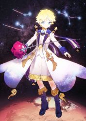 Rule 34 | 1boy, alternate costume, aries (constellation), blonde hair, blue eyes, blush, bright pupils, constellation, fate/grand order, fate (series), flower, formal, full body, glowing, gradient clothes, long sleeves, looking at viewer, male focus, mars (planet), noco (adamas), official art, parted bangs, planet, red flower, red rose, rose, scarf, shorts, sky, smile, solo, space, star (sky), star (symbol), starry background, starry sky, thorns, voyager (fate), voyager (second ascension) (fate)
