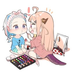 Rule 34 | !, 2girls, ahoge, amane kanata, applying makeup, barefoot, black shorts, blonde hair, blue hair, blue shirt, clothes writing, cosmetics, dolphin shorts, dragon girl, dragon horns, dragon tail, eye contact, from side, full body, grey hair, hair ornament, hair slicked back, hairband, hairclip, holding, hololive, horns, indian style, isuka, kiryu coco, laughing, long hair, looking at another, makeup, mirror, multicolored hair, multiple girls, nail polish bottle, nail polish brush, o3o, pencil case, pink hair, profile, puckered lips, purple eyes, red eyes, rouge (makeup), seiza, shirt, shorts, simple background, sitting, skirt, streaked hair, striped clothes, striped skirt, t-shirt, tail, tears, virtual youtuber, white background, white wings, wings