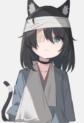Rule 34 | 1girl, animal ears, arm sling, bandage over one eye, bandaged head, bandaged tail, bandages, black hair, cat ears, cat girl, cat tail, frown, grey background, highres, hospital gown, original, satou (3366 s), short hair, sketch, sleeves past fingers, sleeves past wrists, tail
