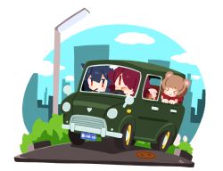 Rule 34 | &gt; &lt;, 3girls, animal ears, arknights, blue hair, building, car, chibi, cloud, day, driving, exusiai (arknights), hair over one eye, license plate, long hair, motor vehicle, mouth hold, multiple girls, nuu (nu-nyu), open mouth, outdoors, red eyes, red hair, short hair, signature, sky, smile, texas (arknights), emperor (arknights), vehicle focus