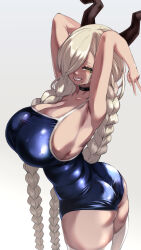 Rule 34 | 1girl, armpits, arms up, ass, asymmetrical bangs, azur lane, black choker, blonde hair, blue one-piece swimsuit, braid, breasts, choker, cleavage, collarbone, curvy, dark-skinned female, dark skin, grin, hair over one eye, highres, horns, huge breasts, long bangs, long hair, looking at viewer, mokko (returntrip0m), mole, mole under mouth, one-piece swimsuit, owari (azur lane), school swimsuit, simple background, smile, solo, standing, swimsuit, taut clothes, taut swimsuit, teeth, thick thighs, thighhighs, thighs, twin braids, twisted torso, v, very long hair, white background, white thighhighs, yellow eyes