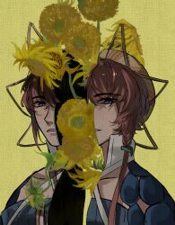 Rule 34 | 1girl, abstract, blue eyes, braid, brown hair, eyelashes, fate/grand order, fate (series), faux traditional media, flower, highres, long hair, mintae chii, parted lips, portrait, simple background, solo, sunflower, van gogh (fate), wilted flower, yellow background, yellow flower