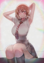 Rule 34 | 1girl, absurdres, armpits, arms behind head, arms up, backlighting, blush, breasts, breath, collared shirt, commission, eyelashes, hair between eyes, highres, kneehighs, large breasts, necktie, rainbow, red eyes, school uniform, shirt, short hair, short sleeves, sitting, skirt, smile, socks, sparkle, stained clothes, sweat, tachibana hinata (tokyo revengers), tokyo revengers, voidmakerz, white shirt