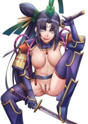 Rule 34 | 1girl, anus, armor, black hair, black hat, black thighhighs, breasts, commentary, crotch, facial mark, fate/grand order, fate (series), forehead mark, garter belt, hair bun, hat, highres, japanese armor, katana, knee up, kote, long hair, long sleeves, looking at viewer, md5 mismatch, medium breasts, multicolored eyes, navel, nipples, orange eyes, parted bangs, purple eyes, purple lips, pussy, resolution mismatch, sakuya (liao kj), shoulder armor, side bun, side ponytail, sidelocks, single hair bun, single side bun, sitting, smile, sode, solo, source larger, spread legs, suneate, sword, taira no kagekiyo (fate), tassel, thighhighs, tongue, tongue out, ushiwakamaru (fate), very long hair, weapon