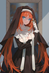 Rule 34 | 1girl, absurdres, ai dongdong, alternate costume, blunt bangs, breasts, cleavage, closed mouth, colored eyelashes, cowboy shot, genshin impact, gloves, habit, hair bun, highres, holding, indoors, large breasts, long hair, long sleeves, looking at viewer, nilou (genshin impact), nun, orange hair, painting (object), rosary, signature, single hair bun, smile, solo, very long hair, white gloves