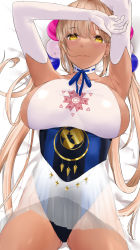 Rule 34 | 1girl, armpits, blonde hair, breasts, carltoonist art, choker, dark-skinned female, dark skin, elbow gloves, gloves, hair ornament, highres, hololive, hololive english, large breasts, leotard, long hair, low twintails, lying, on back, planet hair ornament, see-through, see-through skirt, sideboob, skirt, smile, solo, tsukumo sana, tsukumo sana (1st costume), twintails, virtual youtuber, yellow eyes