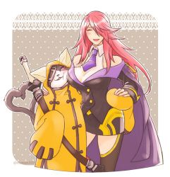 Rule 34 | 1boy, 1girl, arc system works, bare shoulders, blazblue, blush, breast press, breasts, cape, cat, couple, dress, eyepatch, closed eyes, hair over one eye, hood, husband and wife, jubei (blazblue), konoe a. mercury, large breasts, long hair, multiple tails, necktie, nunun, open mouth, pink hair, red eyes, sheath, sheathed, short dress, smile, sword, tail, thighhighs, weapon