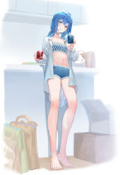 Rule 34 | 1girl, alternate costume, alternate hairstyle, bag, bare legs, barefoot, blue bra, blue eyes, blue hair, blue shorts, blush, bra, breasts, collarbone, collared shirt, commentary request, cup, eyelashes, feet, full body, hands up, head tilt, heel up, highres, holding, holding cup, hololive, hoshimachi suisei, indoors, kinoko (shikimylove), legs, long hair, long legs, long sleeves, looking at viewer, midriff, navel, open clothes, open shirt, paper bag, parted lips, shirt, short shorts, shorts, sidelocks, small breasts, solo, standing, striped bra, striped clothes, toenails, toes, twintails, underwear, virtual youtuber, white shirt