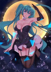 Rule 34 | 1girl, ahoge, alternate breast size, alternate costume, aqua hair, arm at side, arm up, armpits, backlighting, bare shoulders, black dress, black gloves, blue eyes, blush, breasts, brown thighhighs, choker, cleavage, collarbone, dress, elbow gloves, full body, full moon, garter straps, gloves, gluteal fold, hatsune miku, head tilt, highres, jumping, large breasts, lips, long hair, mole, mole on breast, mole under mouth, moon, muko (kokia38), no shoes, panties, pantyshot, parted lips, shiny skin, single elbow glove, single glove, smile, solo, strapless, strapless dress, thigh gap, thighhighs, twintails, underwear, very long hair, vocaloid, white choker