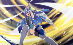 Rule 34 | 10s, 1girl, blue eyes, blue hair, bodysuit, boots, double-blade, fighting stance, from below, h-new, highres, holding, holding sword, holding weapon, kazanari tsubasa, long hair, looking at viewer, magic, matching hair/eyes, open mouth, senki zesshou symphogear, side ponytail, solo, standing, sword, thigh boots, thighhighs, wallpaper, weapon