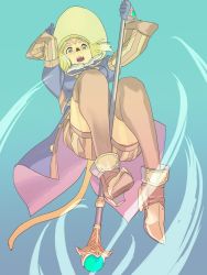 Rule 34 | 1girl, between legs, black mage (final fantasy), blonde hair, blue eyes, blue gloves, breasts, brown thighhighs, cat tail, final fantasy, final fantasy xi, fur collar, gloves, gradient background, hat, holding, holding staff, juliet sleeves, long sleeves, medium breasts, mithra (ff11), no eyebrows, open mouth, puffy sleeves, short hair, shorts, solo, staff, striped clothes, striped shorts, striped sleeves, tail, teeth, thighhighs, vertical-striped clothes, vertical-striped shorts, yuccoshi, zettai ryouiki