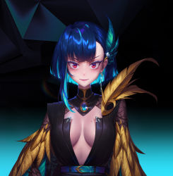 Rule 34 | 1girl, asymmetrical bangs, blue hair, breasts, cleavage, closed mouth, eyelashes, feathers, highres, looking at viewer, makeup, mascara, medium breasts, mole, mole under eye, original, red eyes, regition, short hair with long locks, sidelocks, smile, solo, upper body, v-shaped eyebrows, yellow feathers