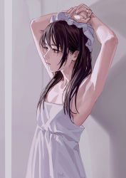 Rule 34 | 1boy, armpits, arms up, artist name, bare arms, bare shoulders, black hair, commentary, crossdressing, dress, fkey, from side, hat, highres, indoors, long hair, male focus, mob cap, original, red eyes, sidelocks, signature, solo, spaghetti strap, trap, upper body, white dress, white hat