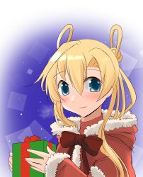 Rule 34 | 1girl, abukuma (kancolle), alternate costume, blonde hair, blue eyes, bow, box, coat, commentary request, double bun, fur-trimmed coat, fur trim, gift, hair between eyes, hair bun, hair rings, highres, holding, kantai collection, long hair, looking at viewer, noe (noe koduki07), red bow, red coat, smile, solo
