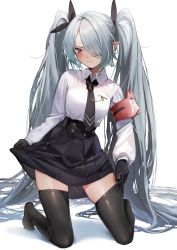 Rule 34 | 1girl, absurdres, adjusting clothes, adjusting legwear, armband, black gloves, black necktie, black skirt, black thighhighs, blue archive, blush, breasts, clenched teeth, collared shirt, full body, gloves, grey hair, hair over one eye, high-waist skirt, highres, hiiragi mikoto, iori (blue archive), kneeling, long hair, long sleeves, looking down, necktie, no shoes, pointy ears, red eyes, shirt, shirt tucked in, sidelocks, skindentation, skirt, skirt hold, small breasts, solo, sweat, teeth, thighhighs, thighs, twintails, very long hair, white shirt