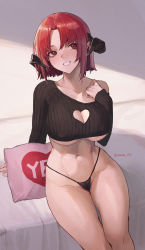 Rule 34 | 1girl, :d, absurdres, bed sheet, black panties, blush, breasts, cleavage, cleavage cutout, clothing cutout, collarbone, crop top, feet out of frame, female pubic hair, hand on own chest, heart cutout, highres, horns, indoors, large breasts, long sleeves, looking at viewer, navel, off shoulder, on bed, open mouth, original, panties, parted bangs, parted lips, pointy ears, pubic hair, red eyes, red hair, short hair, signature, single bare shoulder, sitting, smile, solo, sooon, stomach, underboob, underwear, yes-no pillow